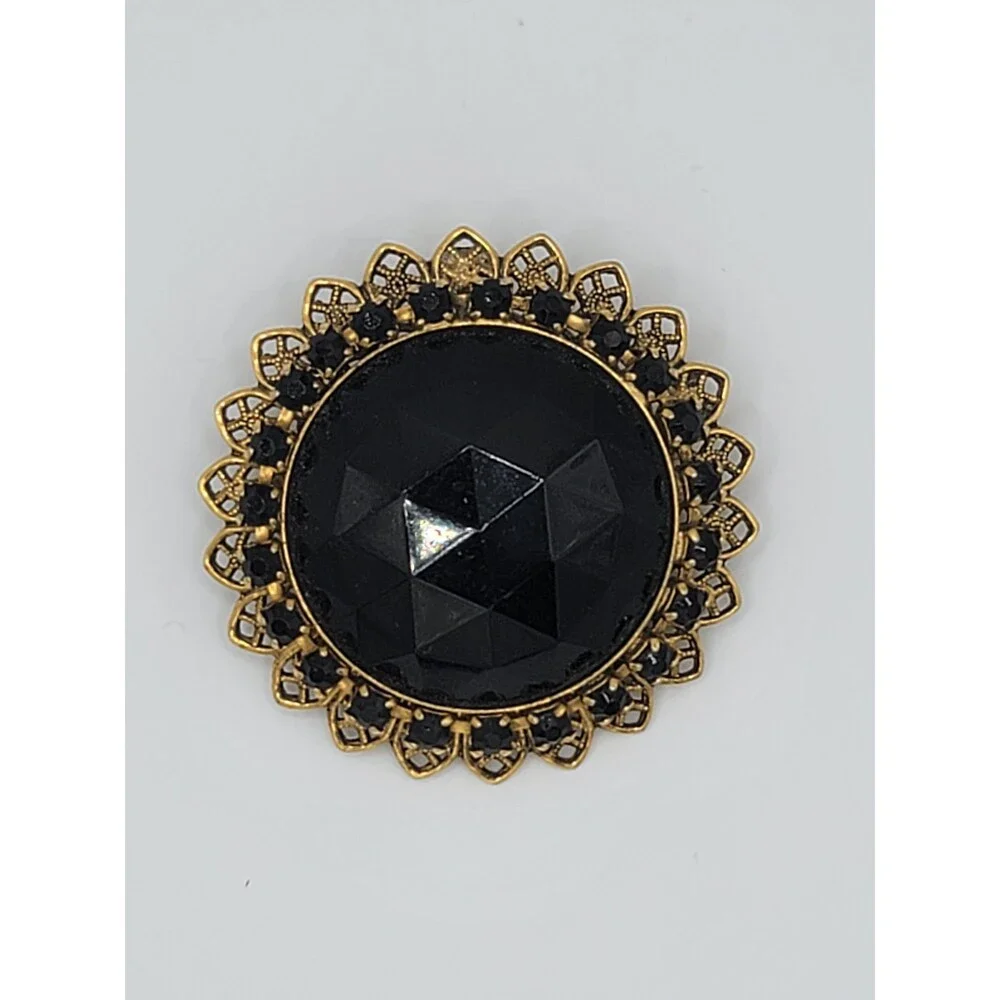 Vintage Black Faceted Glass Rhinestone Filigree Brooch Pendant